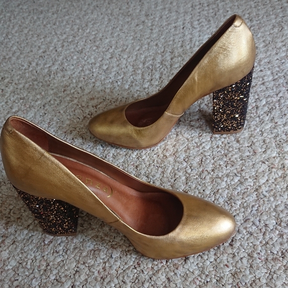 Anthropologie Vicenza Gold Chunky Heels with Glitter Block Heel size 37/36.5 - Picture 1 of 14